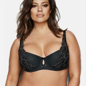 Ashley Graham Pinstripe Black & white Floral Lace Underwire Bra
